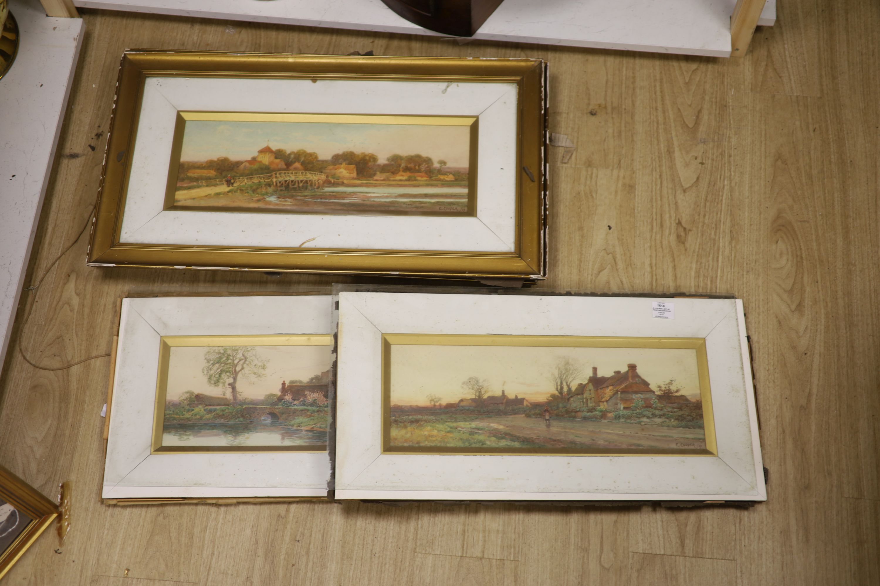 E. Cooper, set of four watercolours, A Sussex Village, Old Shoreham Bridge, September Evening, Ryde and A Sussex Village Evening, signed and dated 1909, 90 x 54cm
